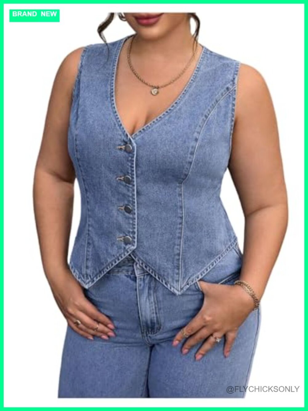 Plus Size Sleeveless Denim Vest Button Front V Neck Waistcoat